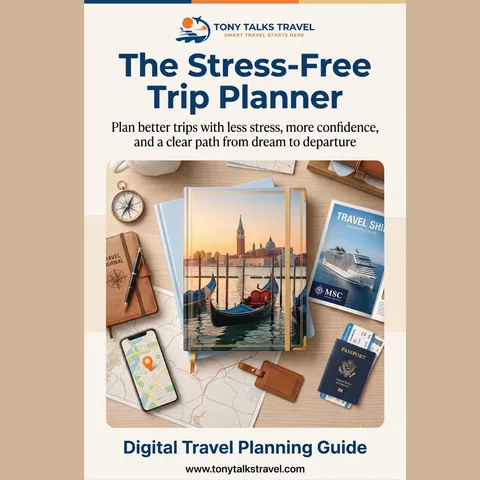 The Stress-Free Trip Planner Kit shown as a printed guide on a desk beside a passport, boarding pass and phone