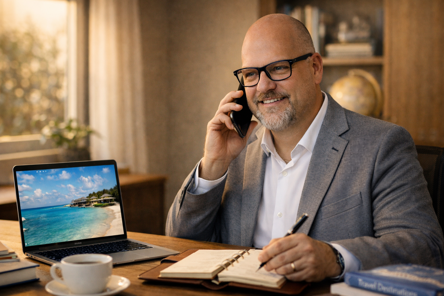 Professional travel advisor working at a desk with a laptop showing a tropical destination