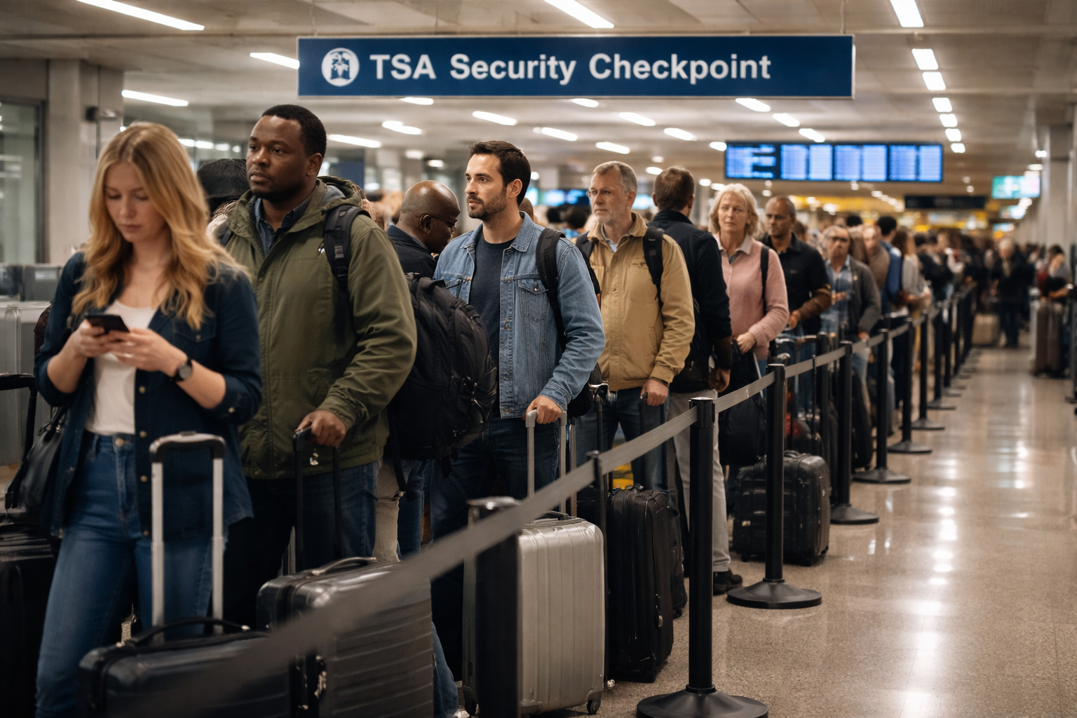 Long line at a TSA security checkpoint — a reminder that modern travel is more complex than ever