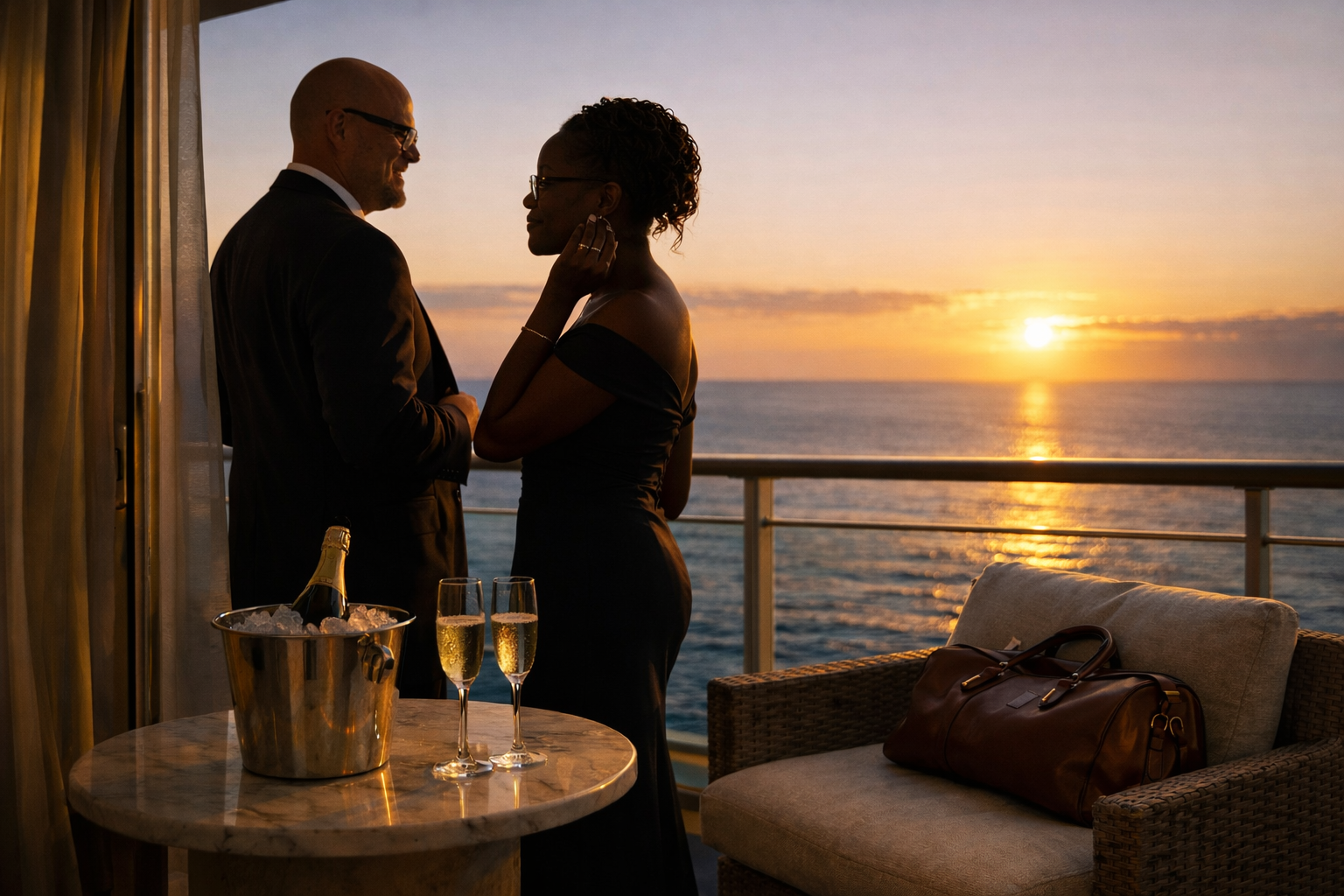 Couple enjoying a sunset from their cruise ship balcony with champagne — the definition of worth the splurge