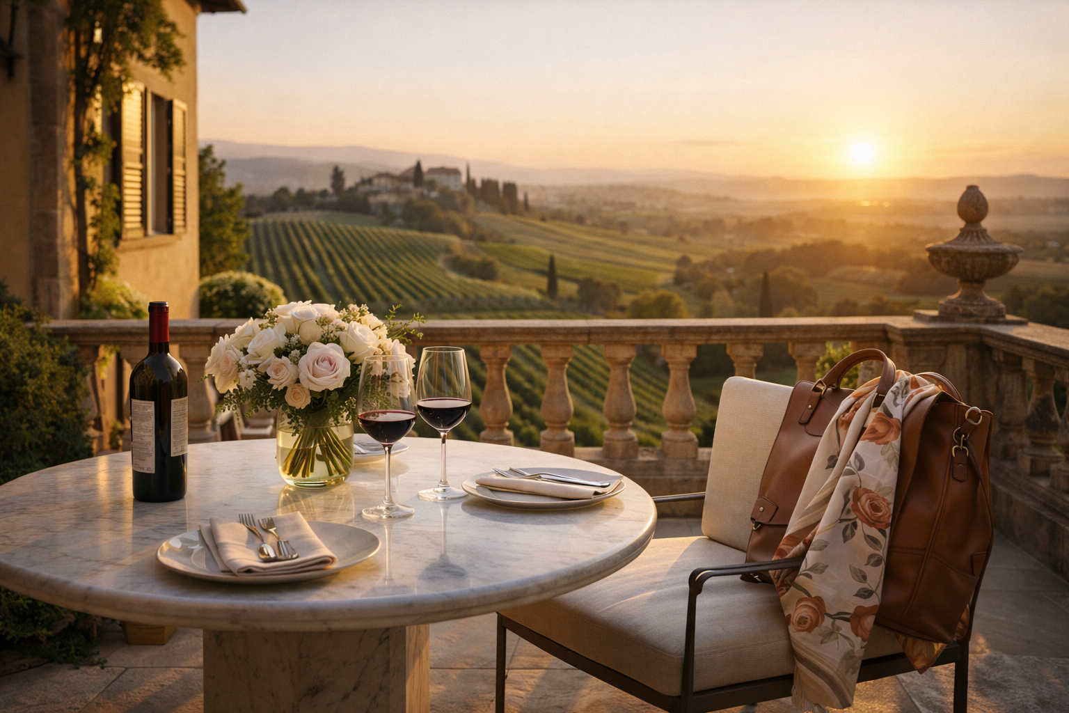 A beautiful Tuscan dinner setting with wine overlooking rolling vineyards at sunset
