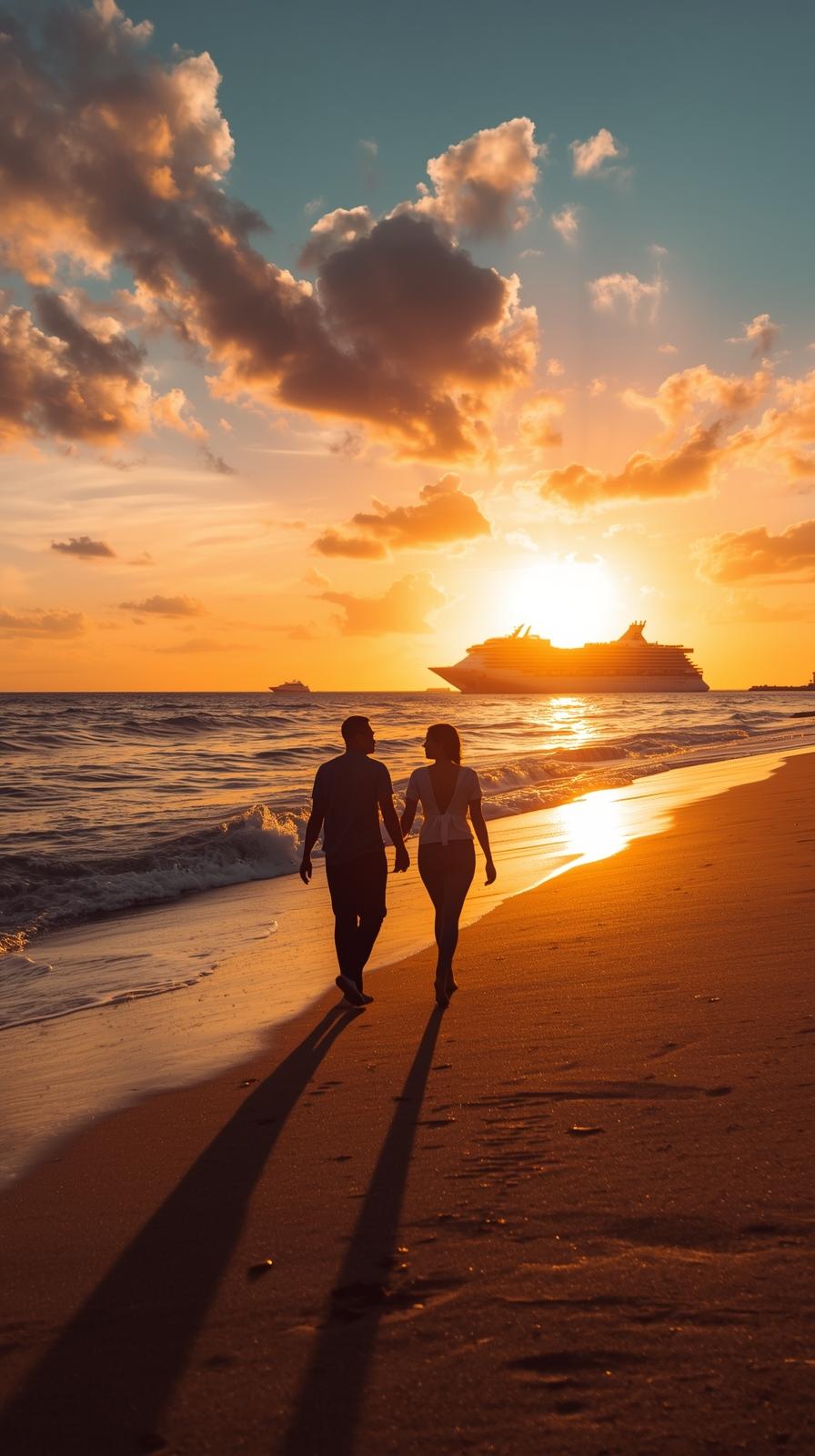 Couple walking on the beach at sunset with a cruise ship in the background
