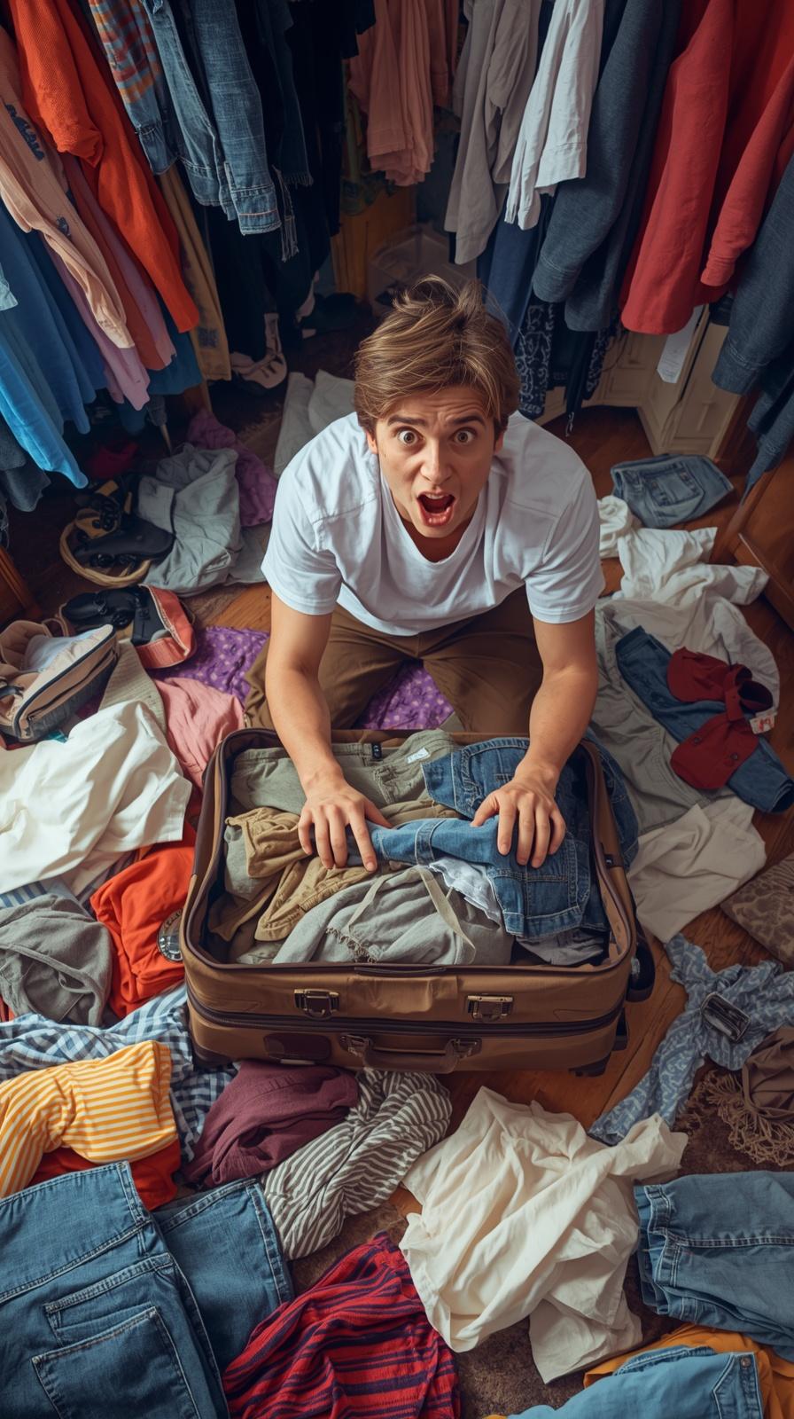 Someone frantically packing a suitcase with clothes everywhere